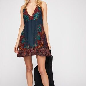 Bohemian V-Neck Sleeveless Dress - Blue and Red